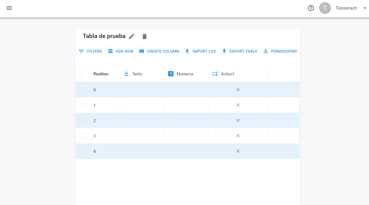 Tabla con columnas y filas sin datos